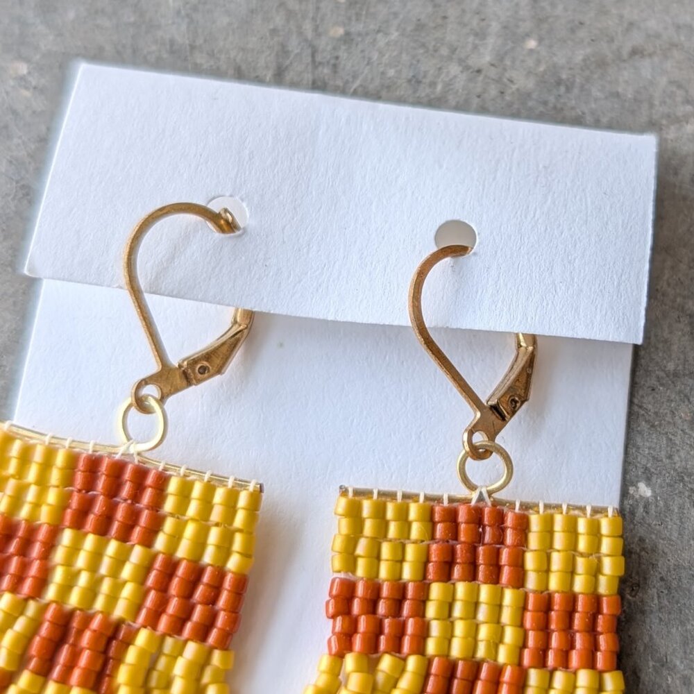 Handmade Yellow Orange Square Checkered Pattern Stitch Beaded Earrings - Picture 3 of 5